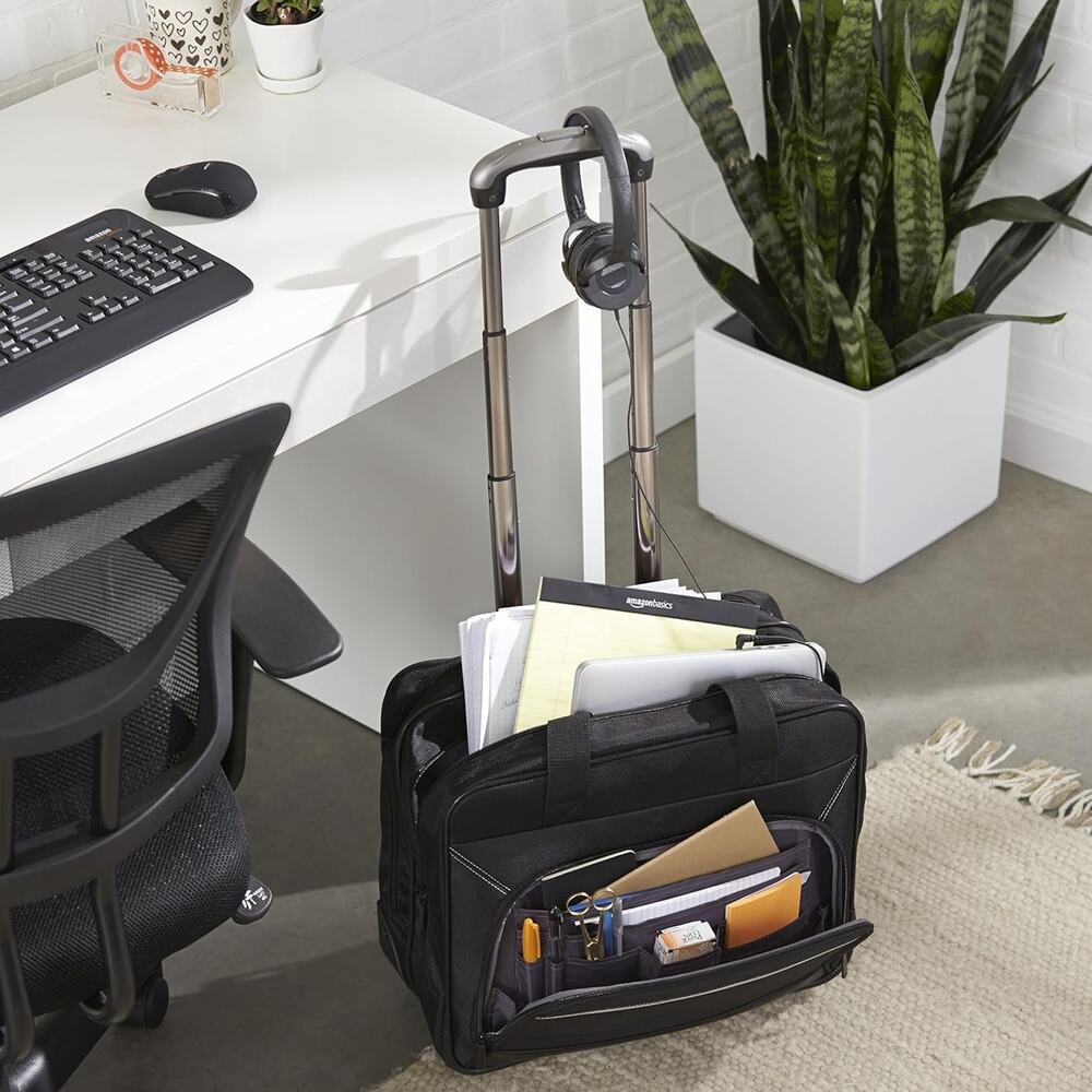 Amazon Basics Rolling Wheeled Laptop Bag, 15.6 in, Black, Sturdy with Compart...